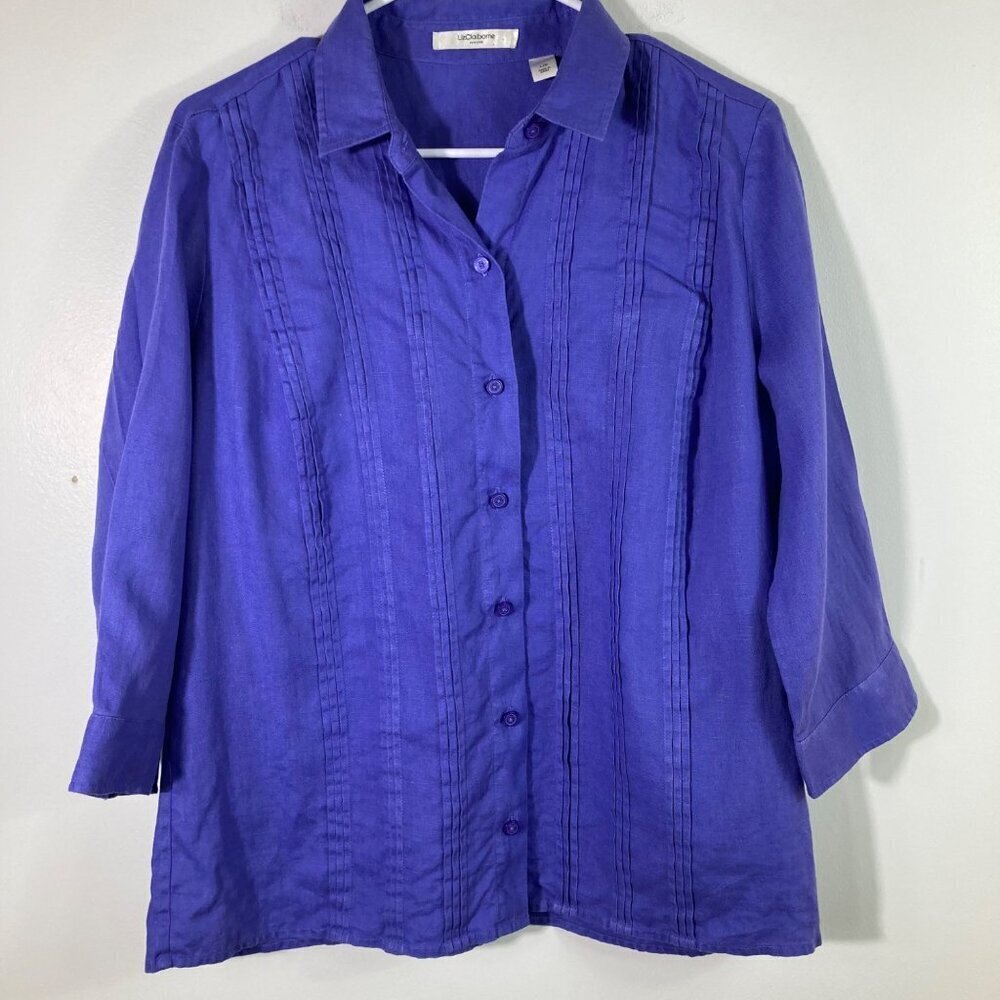 Womens‎ Liz Claiborne Purple Linen 3/4 Sleeve Pleated Button Front  L
